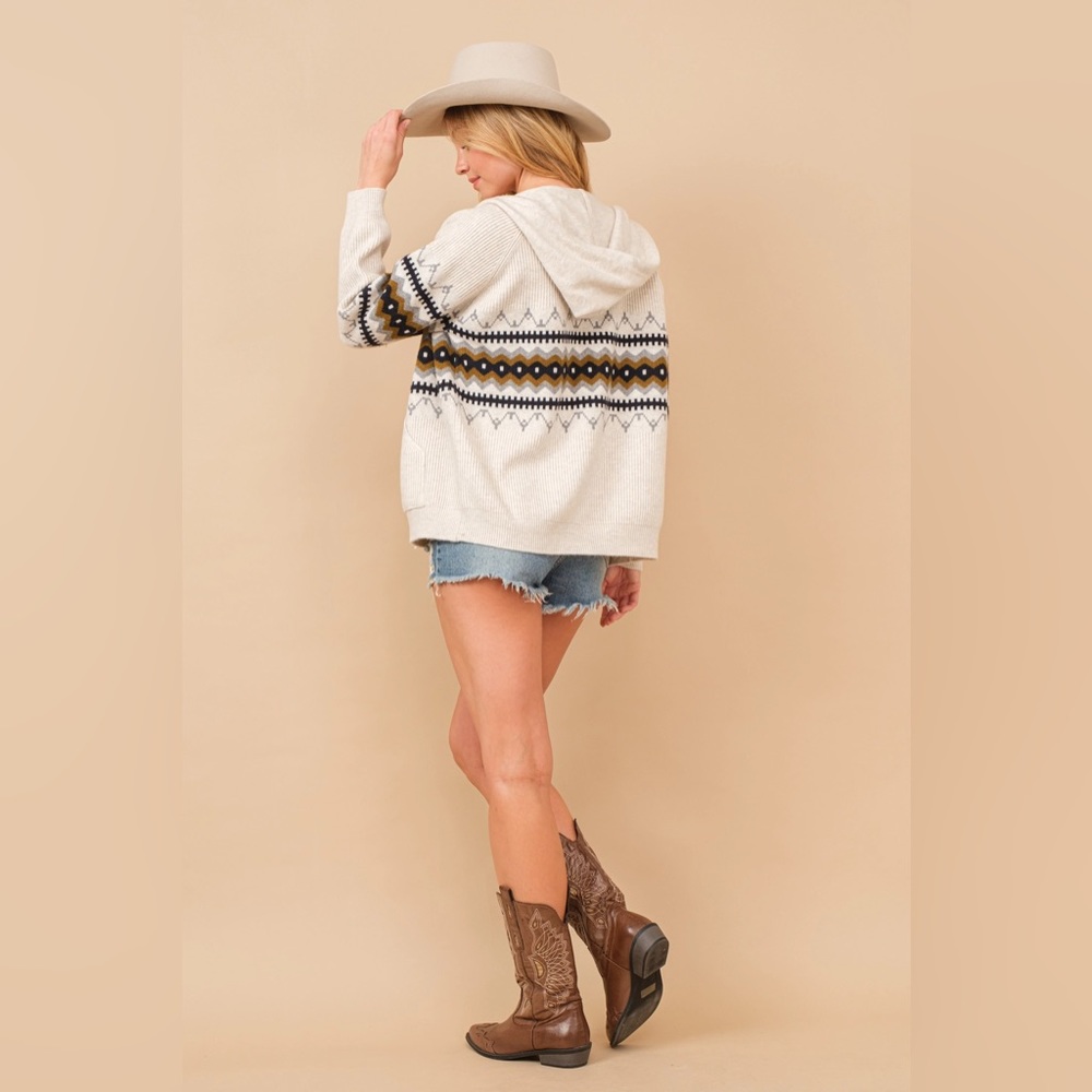 Soft Rib Geo Pattern Zip Up Sweater Hooded Jacket in Oat - Picture 3 of 9